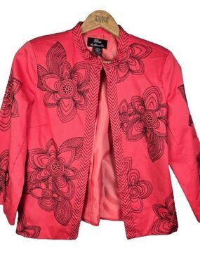 Trenz By Theresa Renz Jacket Coral Black M Floral Embroidered Boho Cotton Topper